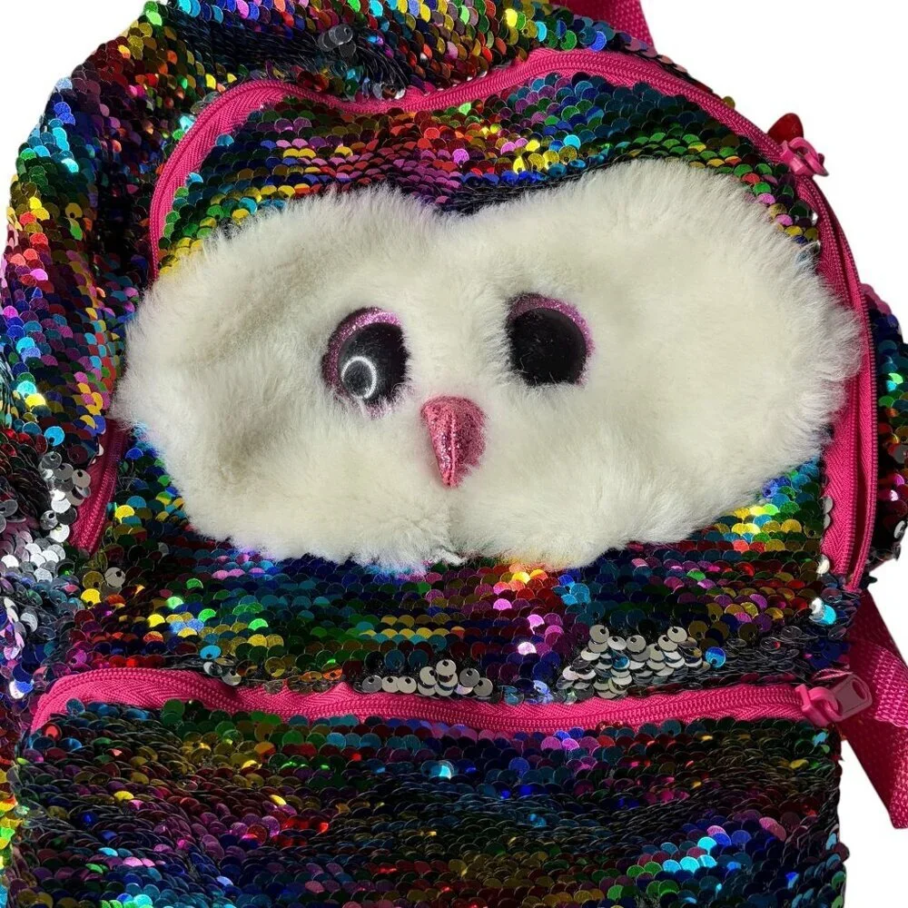 TY Mini Backpack OWEN Owl Sequin Flippy Color Changing Plush Bag (12”